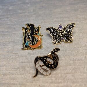 Enamel Pin Set Of 3- Snake, Crow Moon, Lunar Butterfly, Hat/Lapel/Bag Pins EUC